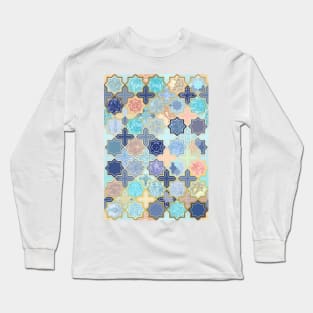 Cream, Navy and Aqua Geometric Tile Pattern Long Sleeve T-Shirt